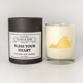 Load image into Gallery viewer, Double wicked soy candle in a 13.5 oz tumbler with the state of  Virginia printed in 22k gold foil on the face. Black cylinder packaging with Bless Your Heart on the label. SEO Text – Drinking glass, soy wax candle, Christmas Candle, hand poured, small batch, scented candle, Woman Owned, local candle, Housewarming present, gives back, charity, community candle, becomes a cocktail glass, closing gift.