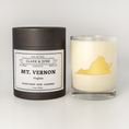 Load image into Gallery viewer, Double wicked soy candle in a 13.5 oz tumbler with the state of Virginia printed in 22k gold foil on the face. Black cylinder packaging with Mt Vernon on the label. SEO Text – Drinking glass, soy wax candle, Christmas Candle, hand poured, small batch, scented candle, Woman Owned, local candle, Housewarming present, gives back, charity, community candle, becomes a cocktail glass, closing gift.