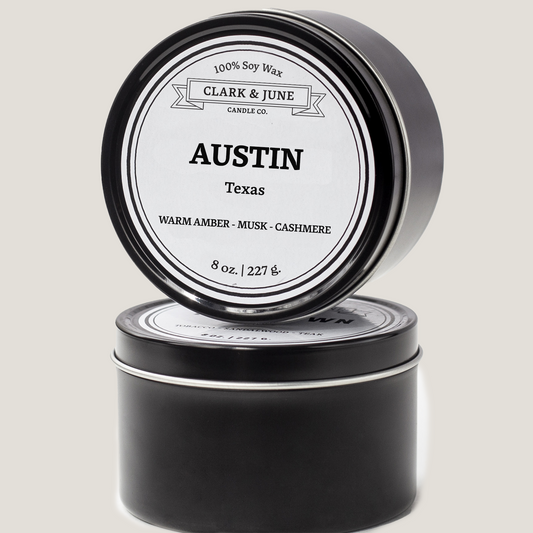 Single wicked 8oz candle in a black finish with “Austin Texas” on the label. SEO Text –soy wax candle, Alabama candle, hand poured, small batch, scented candle, Woman Owned, local candle, Housewarming present, gives back, charity, community candle, closing gift.