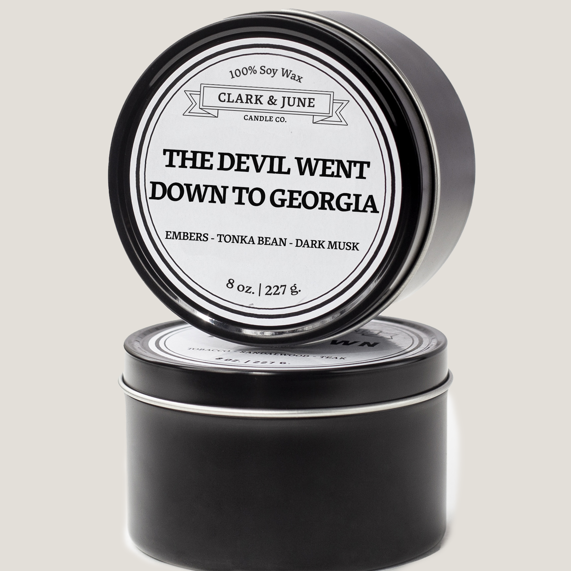 Single wicked 8oz candle in a black finish with “The Devil Went Down To Georgia” on the label. SEO Text –soy wax candle, Alabama candle, hand poured, small batch, scented candle, Woman Owned, local candle, Housewarming present, gives back, charity, community candle, closing gift.