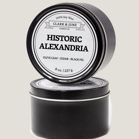 Single wicked 8oz candle in a black finish with Historic Alexandria on the label. SEO Text –soy wax candle, Virginia candle, hand poured, small batch, scented candle, Woman Owned, local candle, Housewarming present, gives back, charity, community candle, closing gift.
