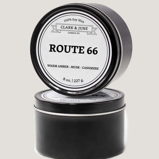 Single wicked 8oz candle in a black finish with Route 66 on the label. SEO Text –soy wax candle, Missouri candle, hand poured, small batch, scented candle, Woman Owned, local candle, Housewarming present, gives back, charity, community candle, closing gift.