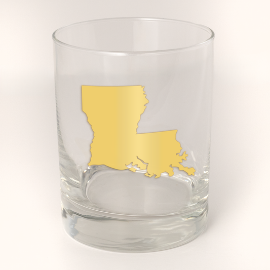 13.5oz Old Fashioned Rocks Glass with the state of Louisiana silhouetted in 22k gold foil on the face.  Drinking Glass