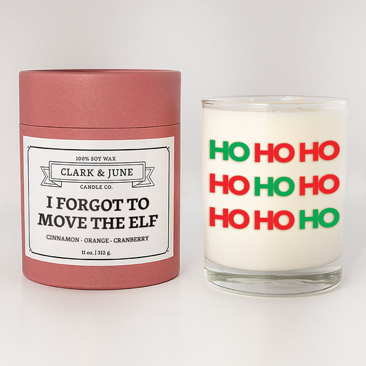 Double wicked soy candle in a 13.5 oz tumbler with HO HO HO printed on the face. Red cylinder packaging withI Forgot To Move The Elfon the label. SEO Text – Drinking glass, soy wax candle, Christmas Candle, hand poured, small batch, scented candle, Woman Owned, local candle, Housewarming present, gives back, charity, community candle, becomes a cocktail glass, closing gift.