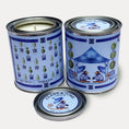 Load image into Gallery viewer, 14oz Monkey Tea Time design soy wax candle in a pint sized paint can made by Clark & June Candle Co. The candle is wrapped with a blue label showing a repeating chinoiserie topiary design of the back and two monkeys sitting under a pagoda with umbrellas. The scent is Ozone – Linen – White Tea and was hand poured in small batches. 
Monkey Candle, Scented Candle, Paint Can Candle. Single Cotton Wick