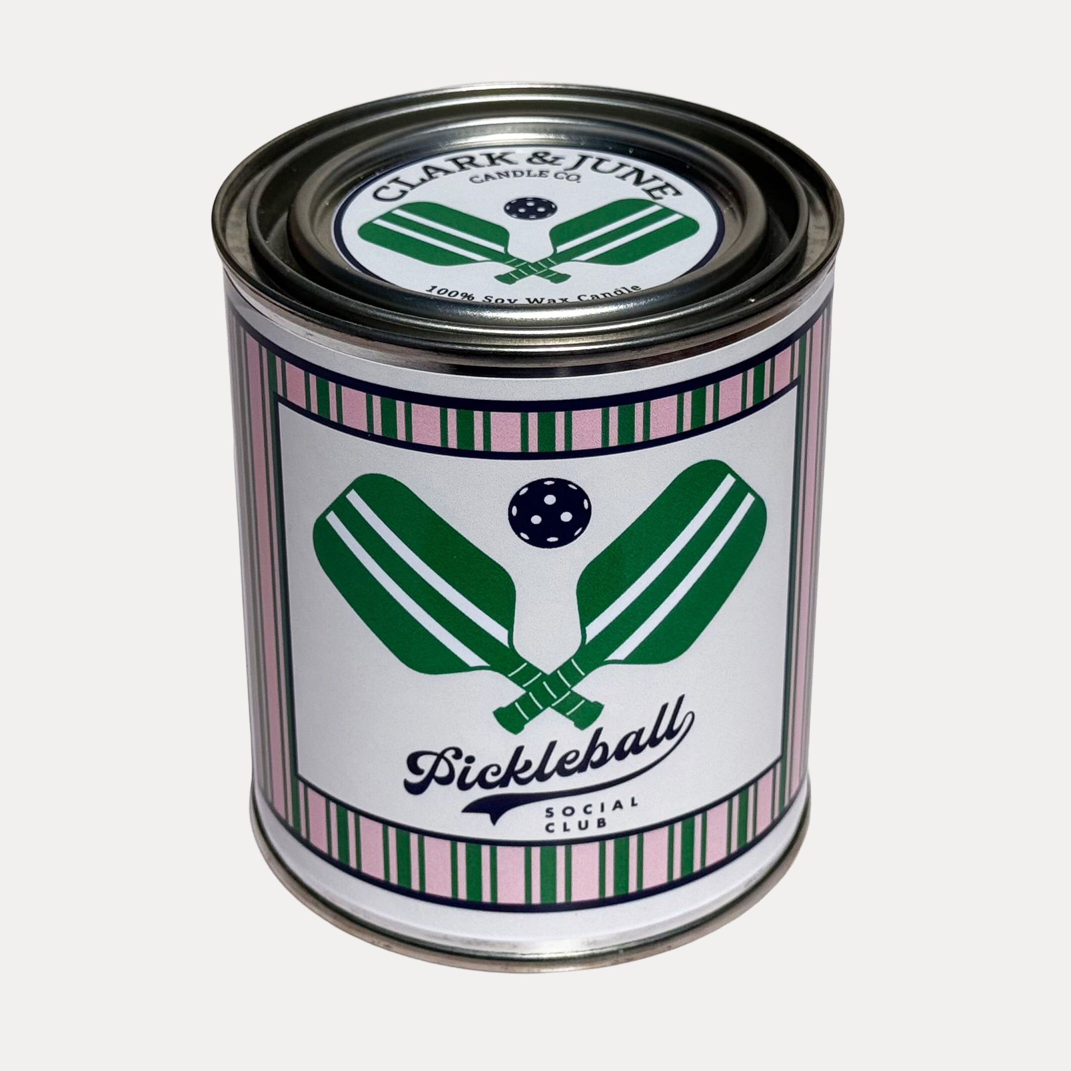 14oz Pickleball design soy wax candle in a pint sized paint can made by Clark & June Candle Co. The candle is wrapped with a salmon and white label with crossed pickleball paddles with the phrase “pickleball social club” on the front. The scent is Olive Leaf – Cedar – Black Fig and was hand poured in small batches. 
Scented Candle, Paint Can Candle. Single Cotton Wick, Western, Pickleball core