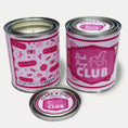 Load image into Gallery viewer, 14oz Pink Pony Club design soy wax candle in a pint sized paint can made by Clark & June Candle Co. The candle is wrapped with a pink  label showing smattering of ponies, cacti, tickets and stars on the back and a marquee sign of the Pink Pony Club in lights  on the front. The scent is Amber – Musk - Cashmere and was hand poured in small batches. 
Scented Candle, Paint Can Candle. Single Cotton Wick, Chappell Roan