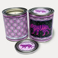 Load image into Gallery viewer, 14oz Tiger design soy wax candle in a pint sized paint can made by Clark & June Candle Co. The candle is wrapped with a lavender  label showing a repeating design of snakes and leaves on the back and a prowling tiger front. The scent is Olive Leaf – Cedar – Black Fig and was hand poured in small batches. 
Tiger Candle, Scented Candle, Paint Can Candle. Single Cotton Wick