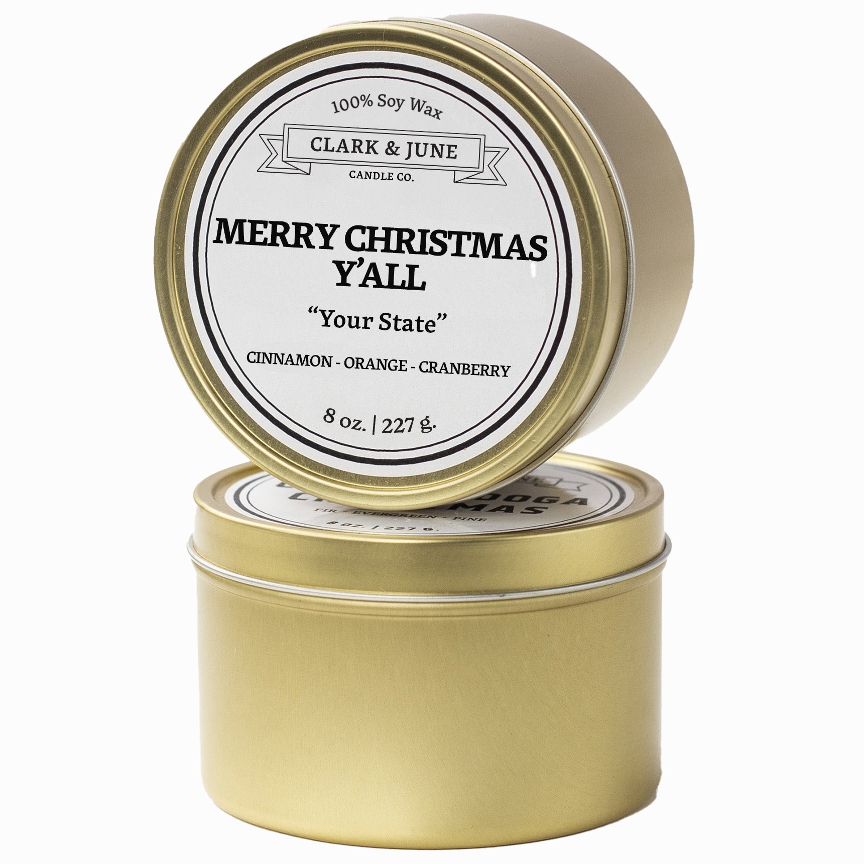 Single wicked Cinnamon - Orange - Cranberry  scented 8oz candle in gold finish with Merry Christmas Y'All "Your State" on the label. SEO Text –soy wax candle, Christmas candle, Holiday candle hand poured, small batch, scented candle, Woman Owned, local candle, Housewarming present, gives back, charity, community candle, Soy wax candle Christmas gift.