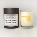 Load image into Gallery viewer, Double wicked soy candle in a 13.5 oz tumbler with the state of Maryland printed in 22k gold foil on the face. Black cylinder packaging with “If this town could talk” on the label. 
