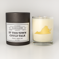 Load image into Gallery viewer, Double wicked soy candle in a 13.5 oz tumbler with the state of Virginia printed in 22k gold foil on the face. Black cylinder packaging with “If this town could talk” on the label. 
