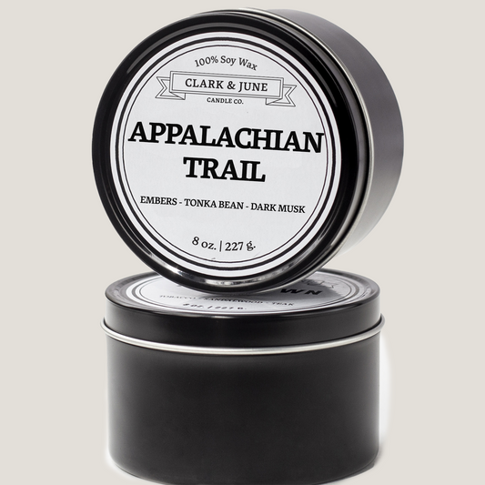 Single wicked 8oz candle in a black finish with ApPalachian Trail  on the label. SEO Text –soy wax candle, Virginia candle, hand poured, small batch, scented candle, Woman Owned, local candle, Housewarming present, gives back, charity, community candle, closing gift. 
