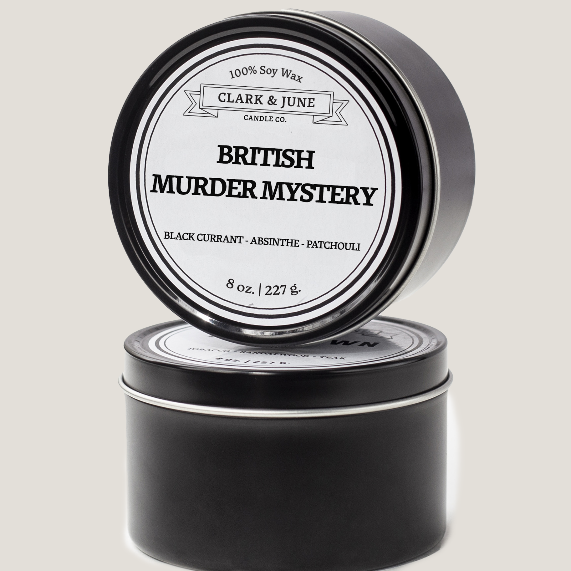 Single wicked 8oz candle in a black finish with “British Murder Mystery” on the label. SEO Text –soy wax candle, Alabama candle, hand poured, small batch, scented candle, Woman Owned, local candle, Housewarming present, gives back, charity, community candle, closing gift. BBC Mystery Britbox