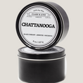 Load image into Gallery viewer, Single wicked 8oz candle in a black finish with Chattanooga  on the label. SEO Text –soy wax candle, Tennessee candle, hand poured, small batch, scented candle, Woman Owned, local candle, Housewarming present, gives back, charity, community candle, closing gift. 

