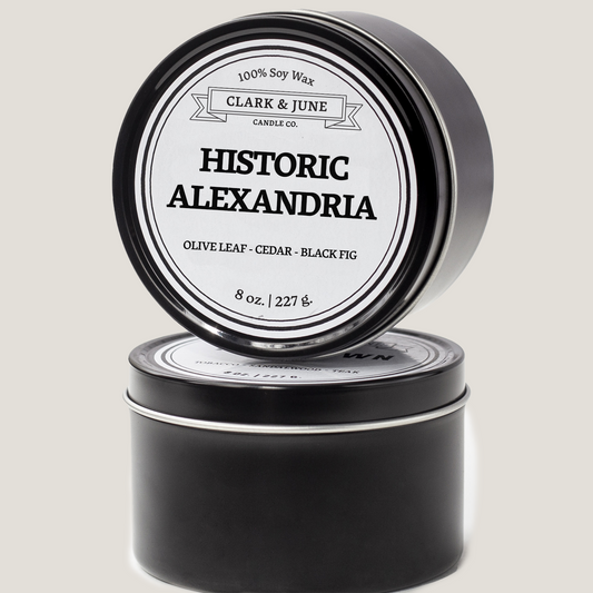 Single wicked 8oz candle in a black finish with Historic Alexandria on the label. SEO Text –soy wax candle, Virginia candle, hand poured, small batch, scented candle, Woman Owned, local candle, Housewarming present, gives back, charity, community candle, closing gift. 
