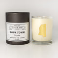 Load image into Gallery viewer, Double wicked soy candle in a 13.5 oz tumbler with the state of Mississippi printed in 22k gold foil on the face. Black cylinder packaging with a customizable label. SEO Text – Drinking glass, soy wax candle, Florida candle, hand poured, small batch, scented candle, Woman Owned, local candle, Housewarming present, gives back, charity, community candle, becomes a cocktail glass, closing gift. 
