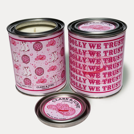 14oz In Dolly We Trust soy wax candle in a pint sized paint can made by Clark & June Candle Co. The candle is wrapped with a pink label showing cowboy boots, disco balls and cowboy hats on the back and “In Dolly We Trust” written multiple times on the front. The scent is Pink Pepper – Angelica – Citrus and was hand poured in small batches. 

Dolly Parton, Gifts for her, Gifts for Mom, Scented Candle, Paint Can Candle. Single Cotton Wick
