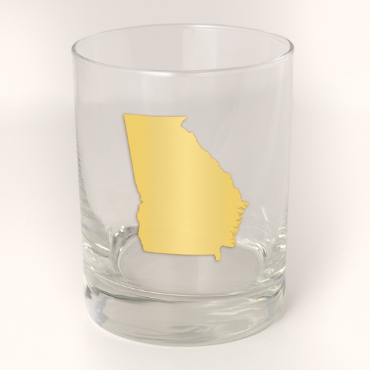 13.5oz Old Fashioned Rocks Glass with the state of Missouri silhouetted in 22k gold foil on the face.  Drinking Glass