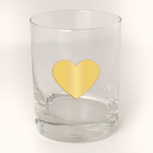 13.5oz Old Fashioned Rocks Glass with a heart silhouetted in 22k gold foil on the face.  Drinking Glass