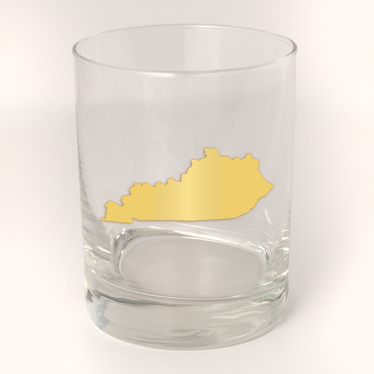 13.5oz Old Fashioned Rocks Glass with the state of Kentucky silhouetted in 22k gold foil on the face. Drinking Glass