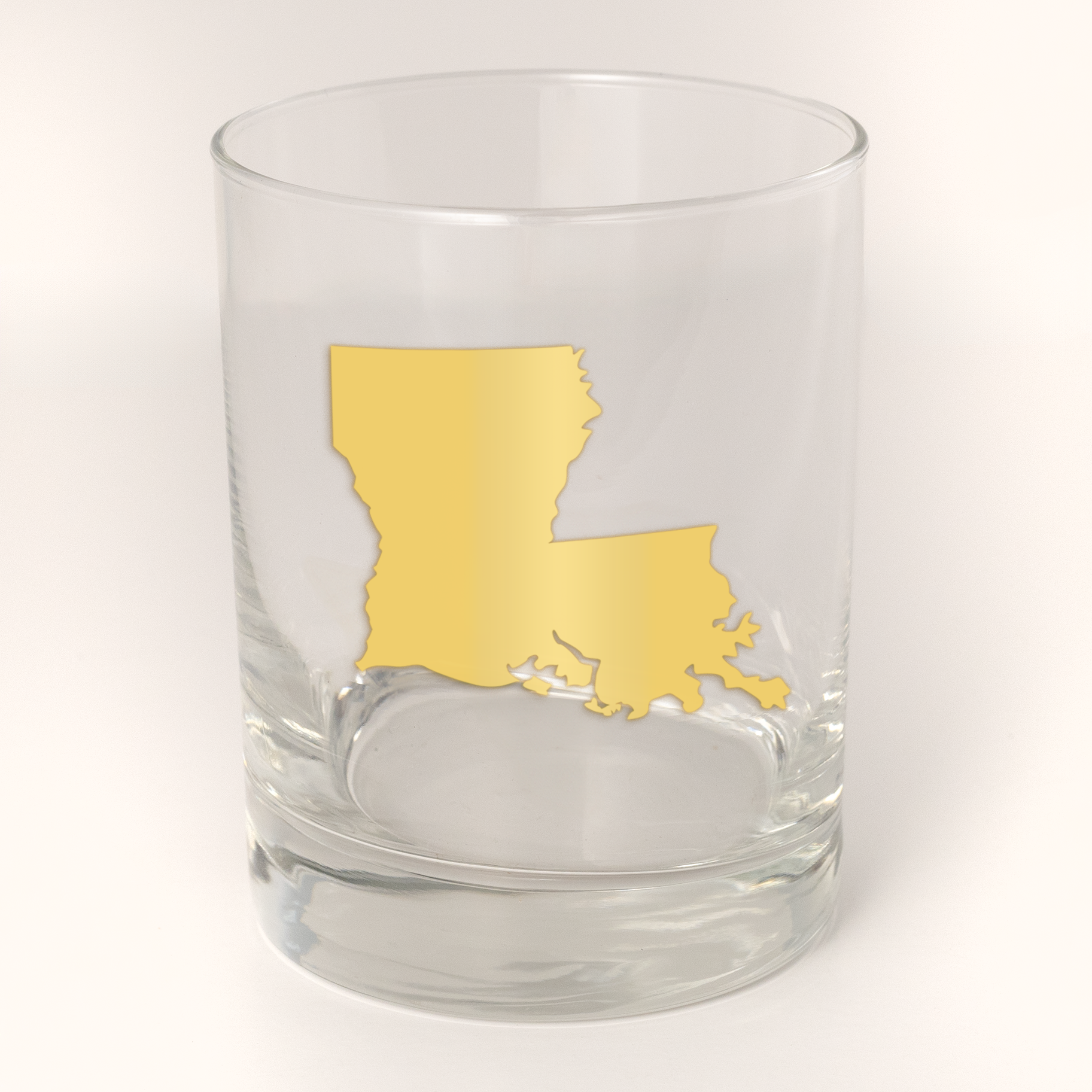 13.5oz Old Fashioned Rocks Glass with the state of Louisiana silhouetted in 22k gold foil on the face.  Drinking Glass