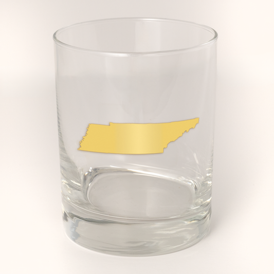 13.5oz Old Fashioned Rocks Glass with the state of Tennessee silhouetted in 22k gold foil on the face. Drinking Glass