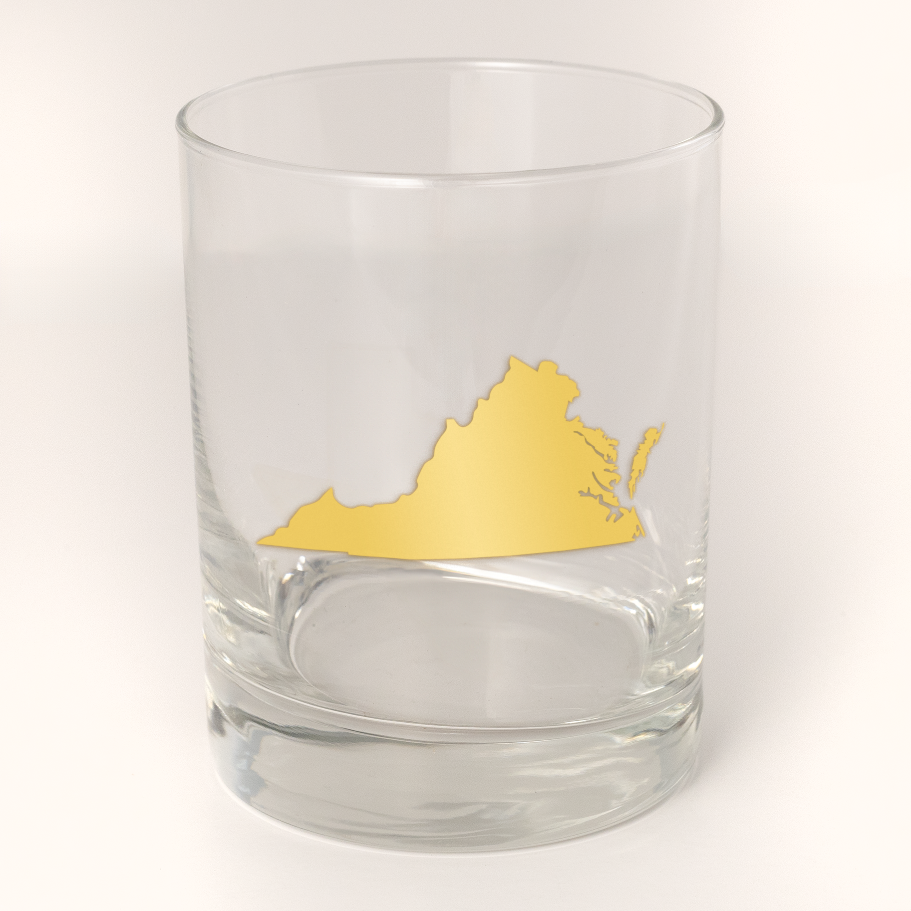 13.5oz Old Fashioned Rocks Glass with the state of Virginia silhouetted in 22k gold foil on the face. Drinking Glass