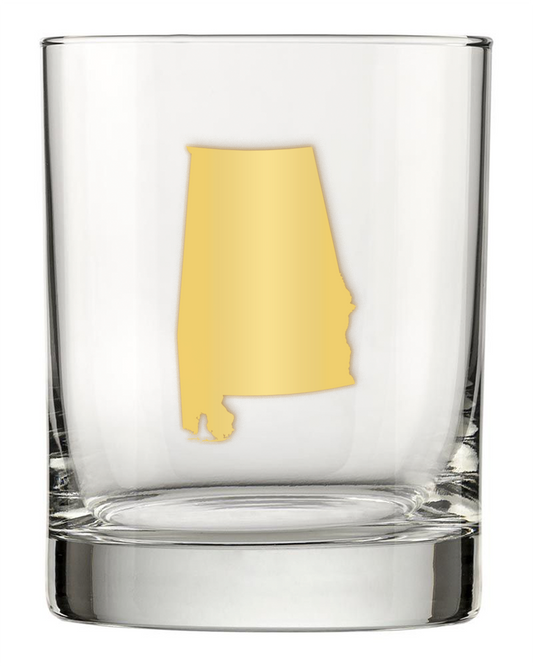 13.5oz Old Fashioned Rocks Glass with the state of Alabama silhouetted in 22k gold foil on the face.  Drinking Glass