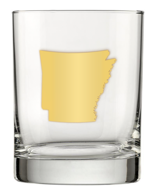 13.5oz Old Fashioned Rocks Glass with the state of Arkansas silhouetted in 22k gold foil on the face. Drinking Glass