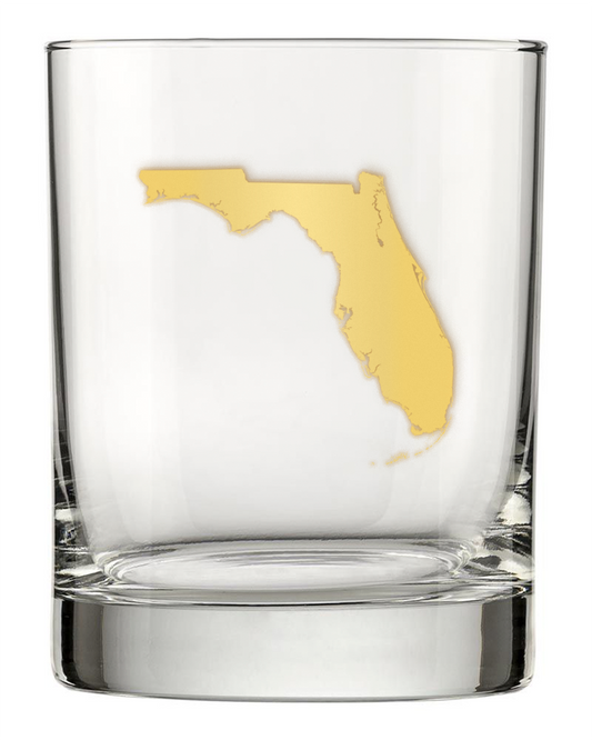13.5oz Old Fashioned Rocks Glass with the state of Florida silhouetted in 22k gold foil on the face.  Drinking Glass
