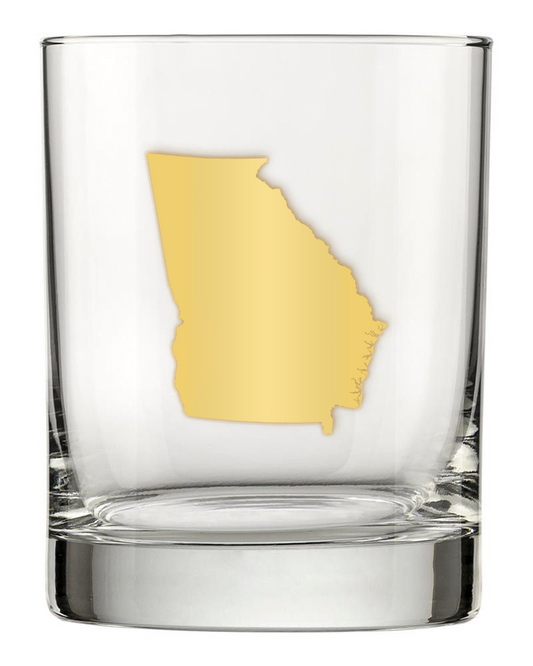 13.5oz Old Fashioned Rocks Glass with the state of Georgia silhouetted in 22k gold foil on the face.  Drinking Glass