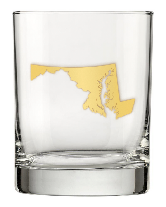 13.5oz Old Fashioned Rocks Glass with the state of Maryland silhouetted in 22k gold foil on the face.  Drinking Glass