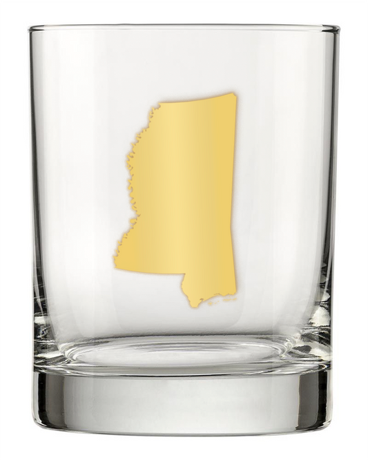 13.5oz Old Fashioned Rocks Glass with the state of Mississippi silhouetted in 22k gold foil on the face.  Drinking Glass