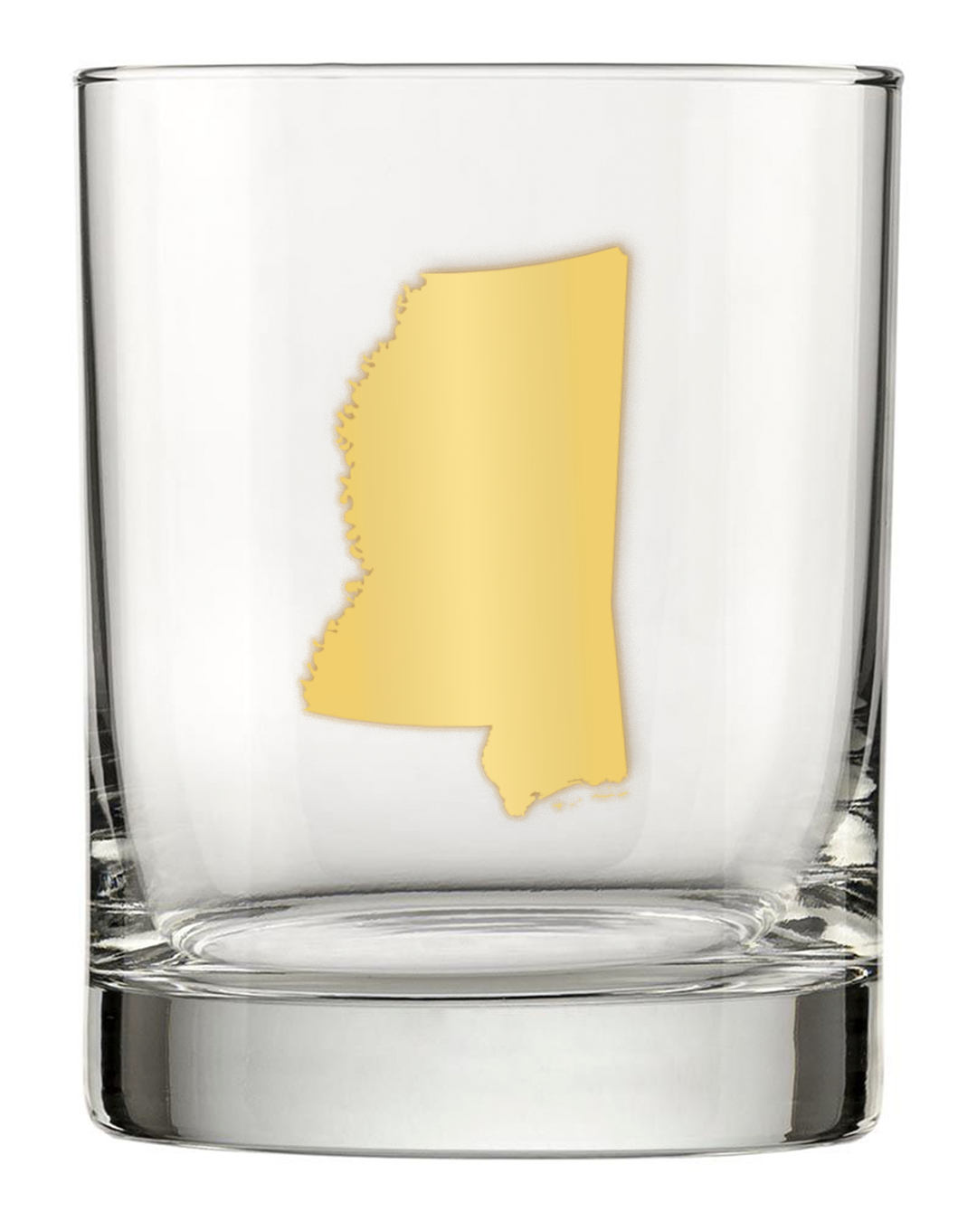13.5oz Old Fashioned Rocks Glass with the state of Mississippi silhouetted in 22k gold foil on the face.  Drinking Glass