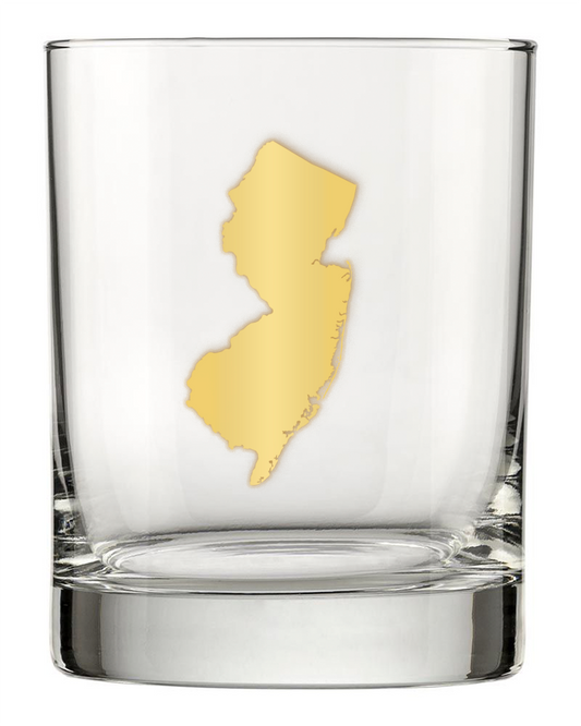 13.5oz Old Fashioned Rocks Glass with the state of New Jersey silhouetted in 22k gold foil on the face.  Drinking Glass