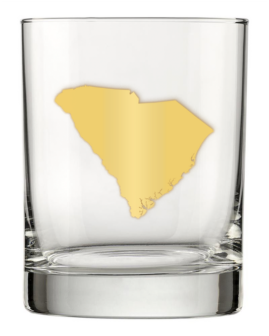 13.5oz Old Fashioned Rocks Glass with the state of South Carolina silhouetted in 22k gold foil on the face. Drinking Glass