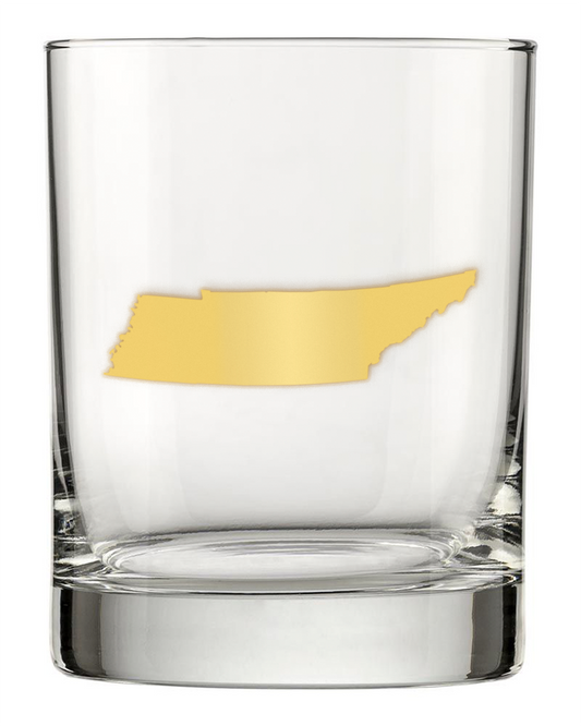 13.5oz Old Fashioned Rocks Glass with the state of Tennessee silhouetted in 22k gold foil on the face. Drinking Glass