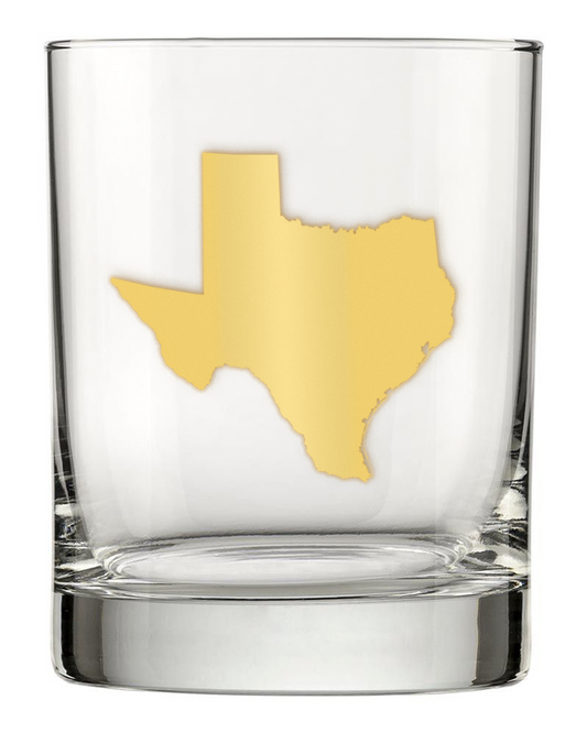 13.5oz Old Fashioned Rocks Glass with the state of Texas silhouetted in 22k gold foil on the face.  Drinking Glass