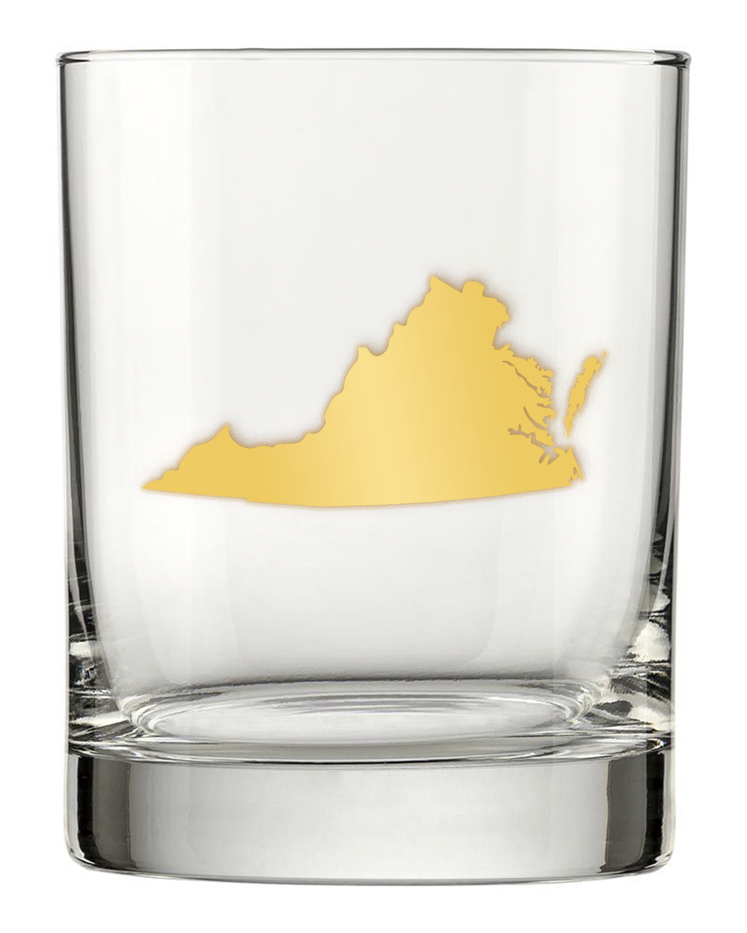13.5oz Old Fashioned Rocks Glass with the state of Virginia silhouetted in 22k gold foil on the face. Drinking Glass