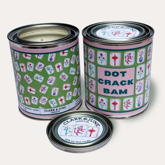 14oz Mahjong design soy wax candle in a pint sized paint can made by Clark & June Candle Co. The candle is wrapped with a salmon and green label showing a variety of Mahjong tiles on the back and the phrase Dot Crack Bam on the front. The scent is Grapefruit – Mandarin - Vanilla and was hand poured in small batches. 

Monkey Candle, Scented Candle, Paint Can Candle. Single Cotton Wick
