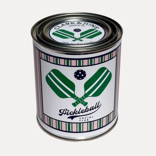 14oz Pickleball design soy wax candle in a pint sized paint can made by Clark & June Candle Co. The candle is wrapped with a salmon and white label with crossed pickleball paddles with the phrase “pickleball social club” on the front. The scent is Olive Leaf – Cedar – Black Fig and was hand poured in small batches. 

Scented Candle, Paint Can Candle. Single Cotton Wick, Western, Pickleball core
