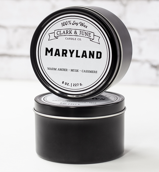Single wicked 8oz candle in a black finish with “Maryland” on the label. SEO Text –soy wax candle, Alabama candle, hand poured, small batch, scented candle, Woman Owned, local candle, Housewarming present, gives back, charity, community candle, closing gift. 