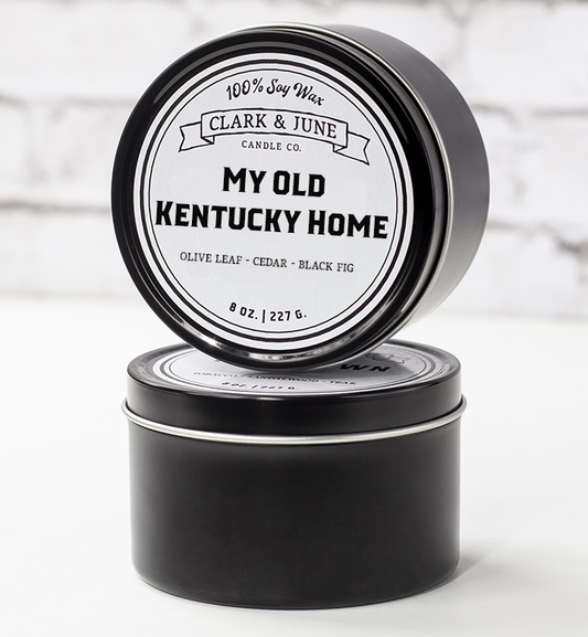 Single wicked 8oz candle in a black finish with “My Old Kentucky Home” on the label. SEO Text –soy wax candle, Alabama candle, hand poured, small batch, scented candle, Woman Owned, local candle, Housewarming present, gives back, charity, community candle, closing gift. 