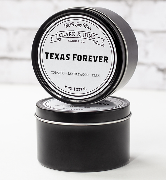 Single wicked 8oz candle in a black finish with “Texas Forever” on the label. SEO Text –soy wax candle, Alabama candle, hand poured, small batch, scented candle, Woman Owned, local candle, Housewarming present, gives back, charity, community candle, closing gift. 